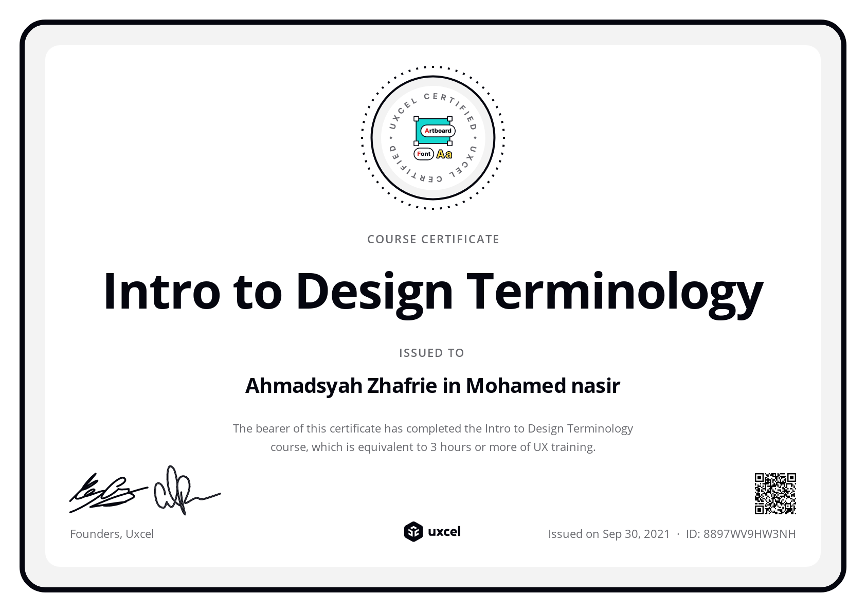 Ahmadsyah Zhafrie bin Mohamed Nasir's certificate